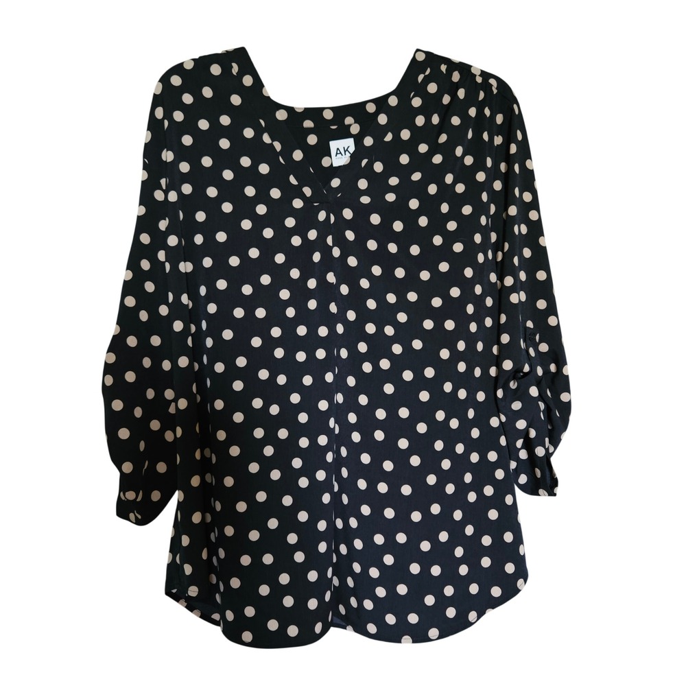 Anne Klein Women 3X Black Tan Polka Dot V-Neck 3/4 Roll-Tab Sleeve Blouse Top